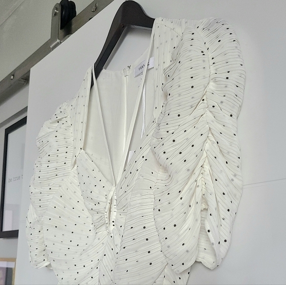 FRAME Ruched Tie-Neck Polka-Dot Midi Dress, White | Black, Medium, NWT - Picture 6 of 16